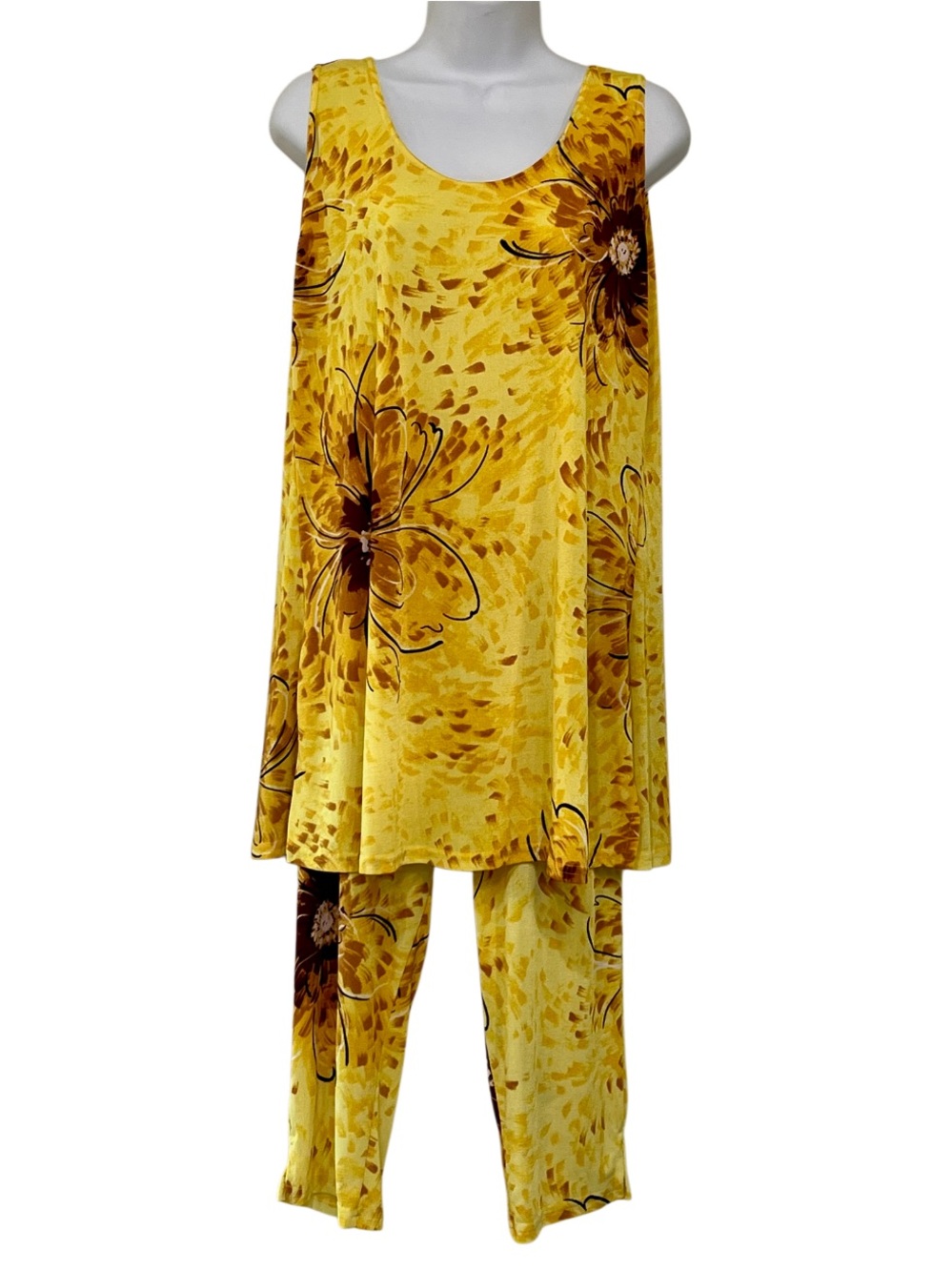 Vintage Jostar Yellow Brown Floral 2 Piece Capri Pant Set Made USA Medium - Picture 2 of 15